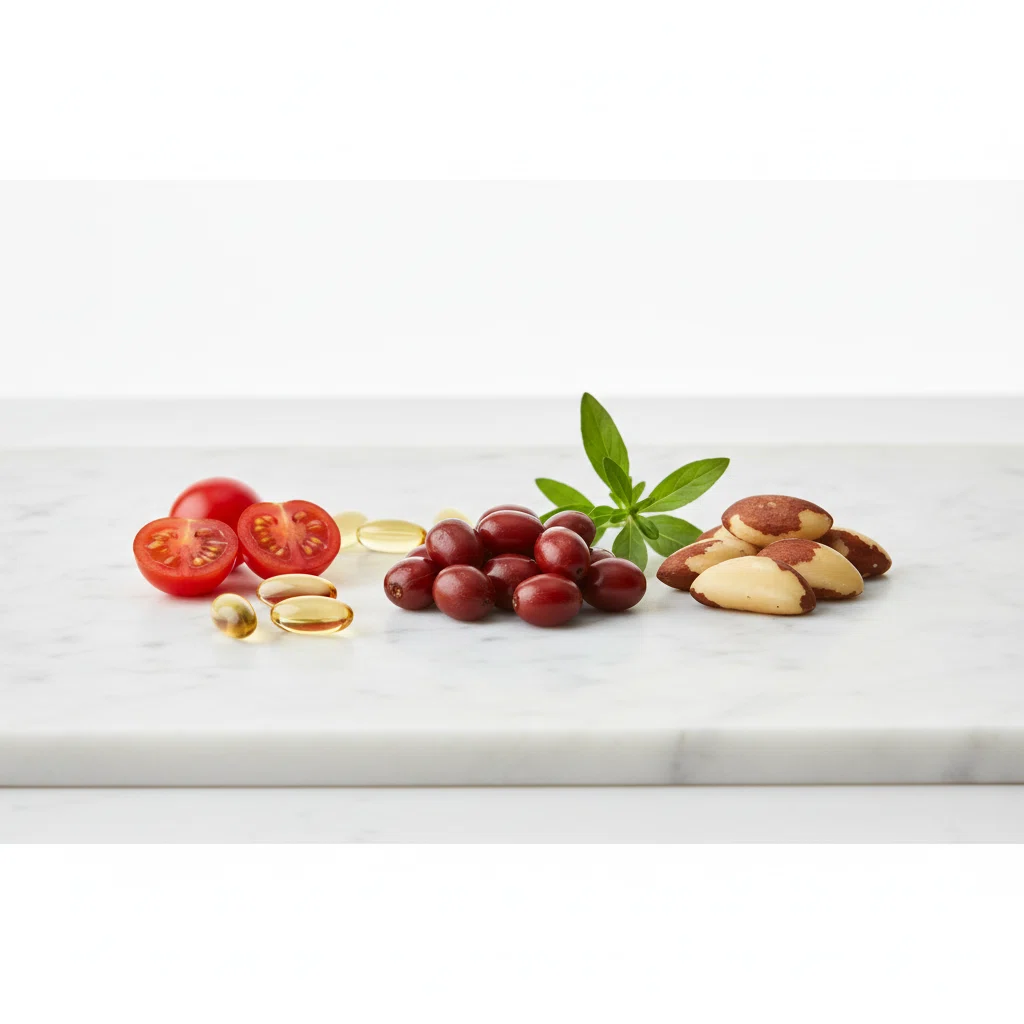 Natural ingredients for men's prostate supplement: saw palmetto berries, tomatoes, brazil nuts and vitamin capsules on white marble