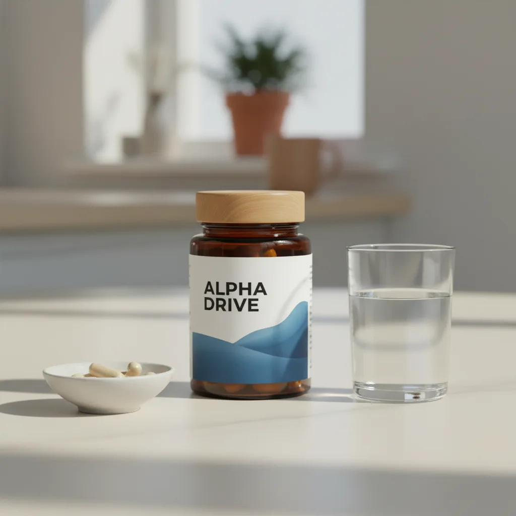 Alpha Drive bottle with natural ingredients including saw palmetto berries, tomatoes, brazil nuts and vitamin capsules